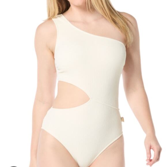 Michael Kors NWT $148 bone One-Shoulder Side-Cutout Swimsuit 10 M - Picture 1 of 4